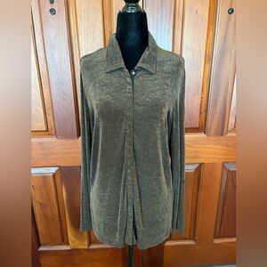 Chicos Travelers Top Women’s 1/M Snap Up Long Sleeve Stretch Slinky Bronze Brown